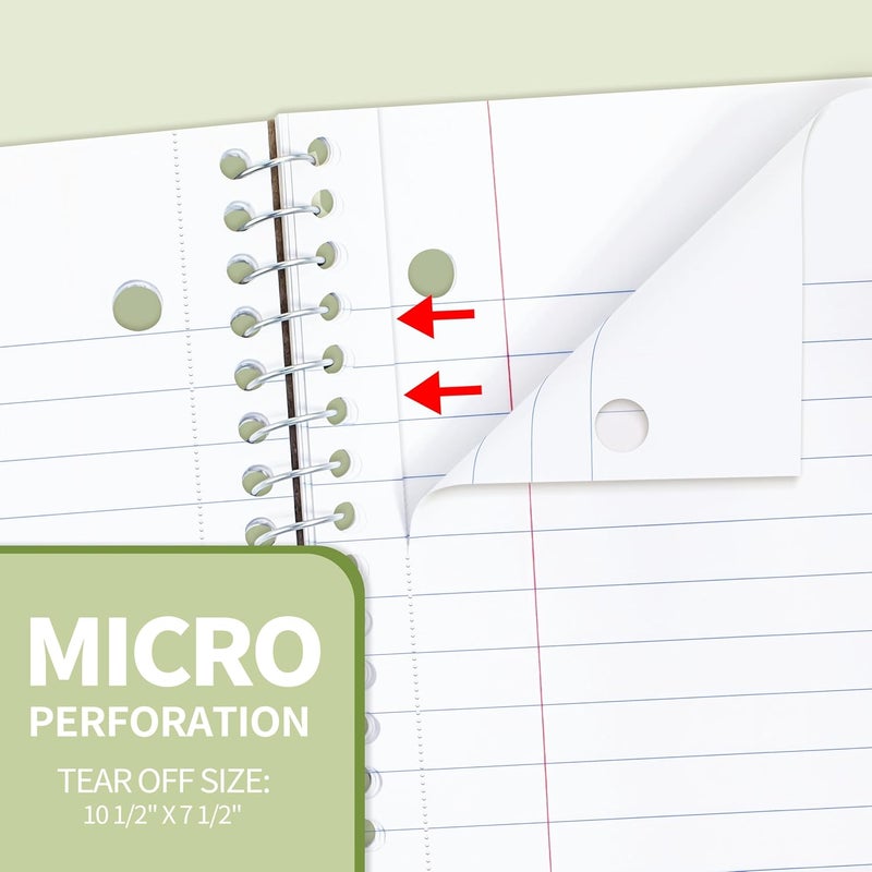 SUNEE Spiral Notebook, 1-Subject, Wide Ruled Paper, 8" x 10-1/2", 100 Sheets per Notebook, 3-Hole Punched Paper, Water Resistant Cover, Double-sided Pockets, Spiral Lined Notebooks for School, Green - Image 5